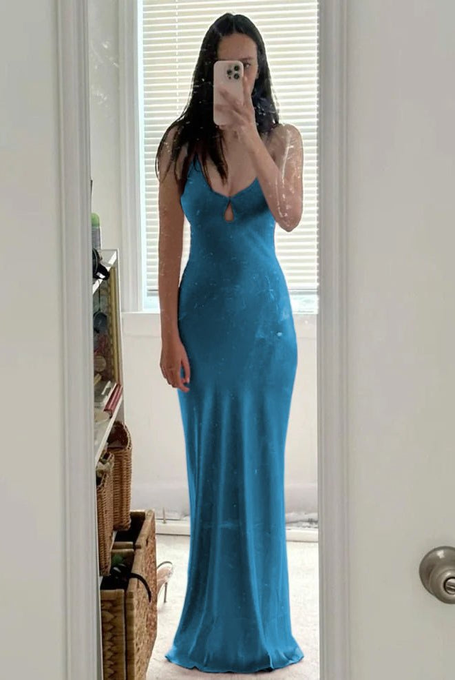 KissProm-Yamileth Scoop Neck Teal Sheath Satin Long Prom Dress