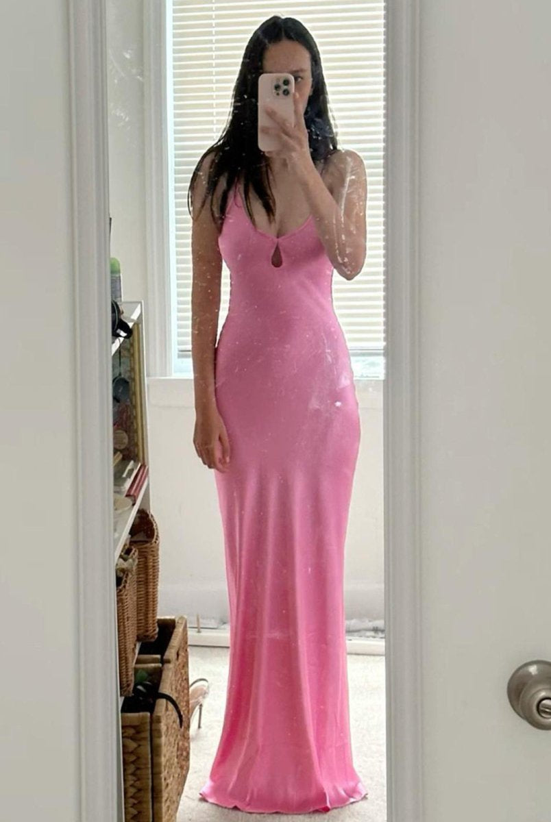 KissProm-Yamileth Scoop Neck Pink Sheath Satin Long Prom Dress