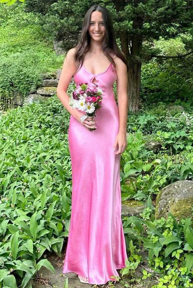 KissProm-Yamileth Scoop Neck Pink Sheath Satin Long Prom Dress
