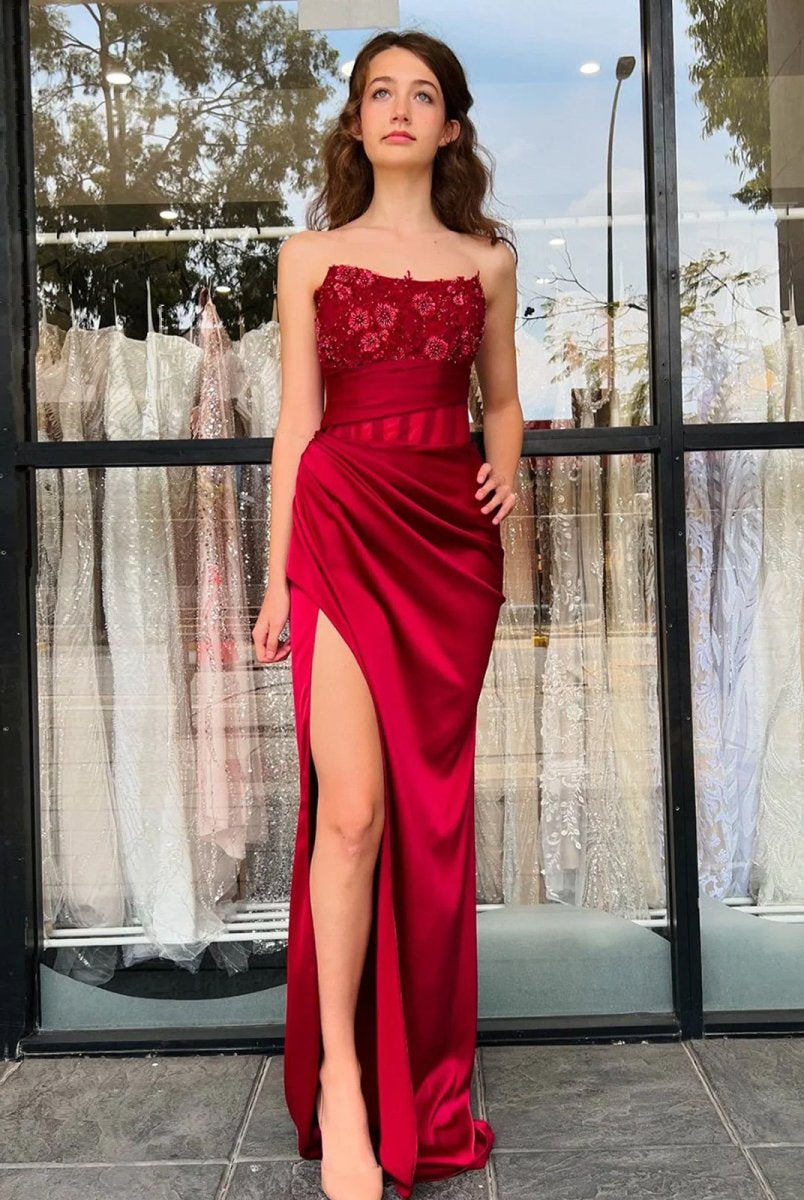 Yana | Burgundy Strapless Satin Mermaid Prom Dress With Appliques - KissProm