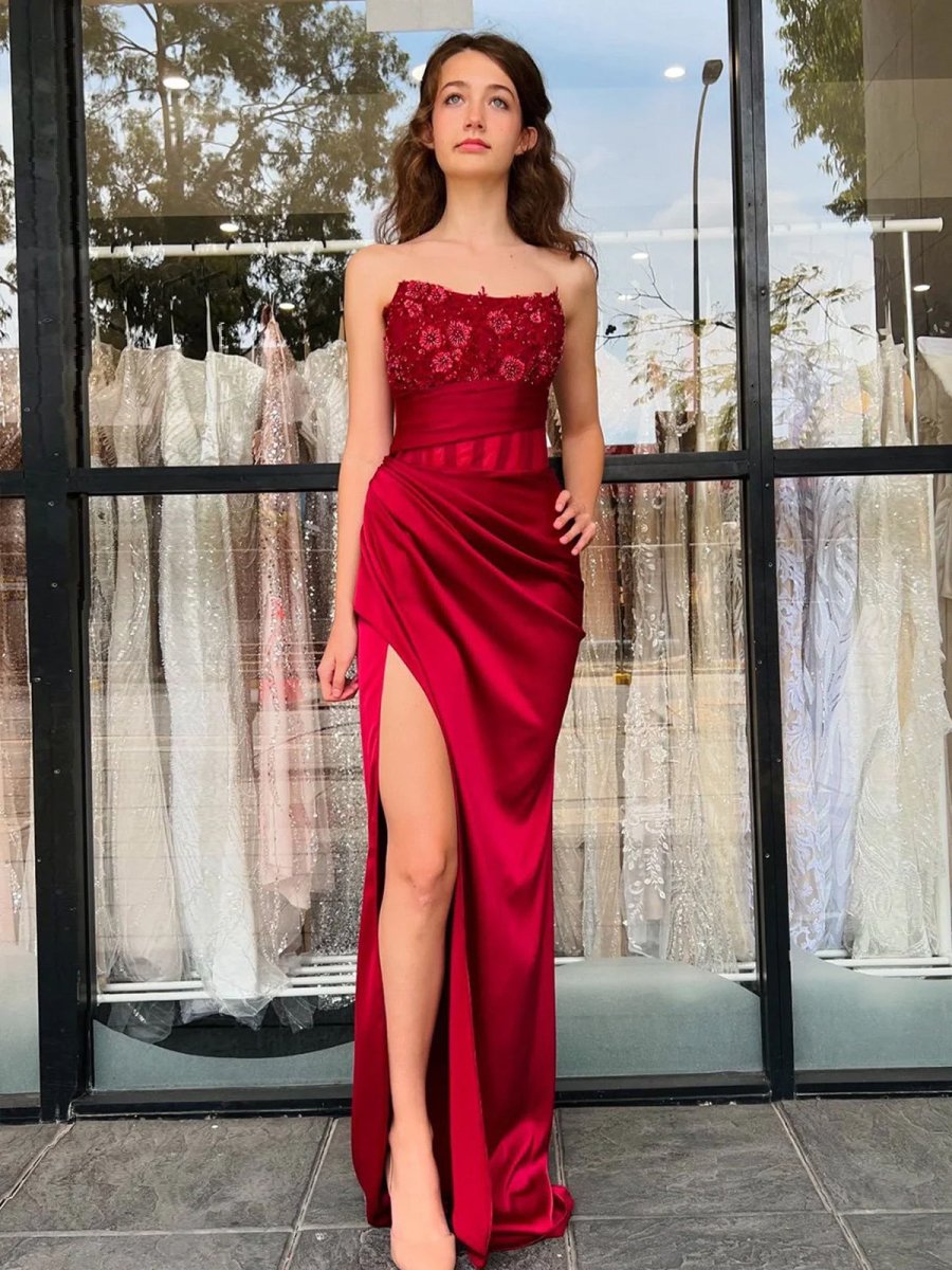 Yana | Burgundy Strapless Satin Mermaid Prom Dress With Appliques - KissProm