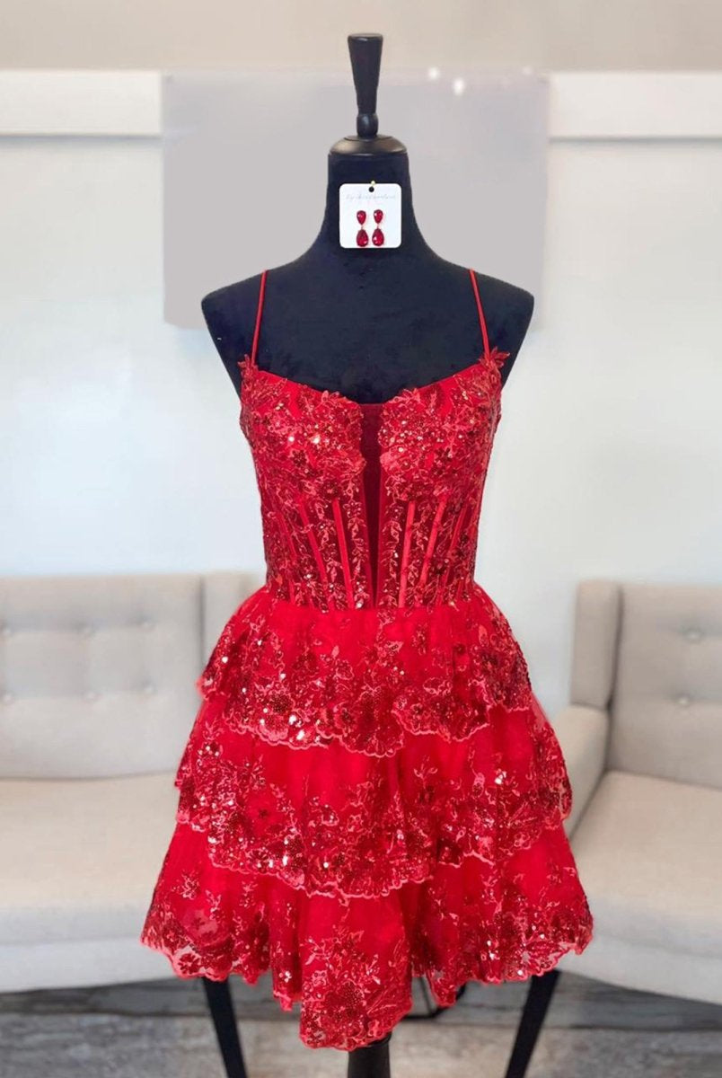 Yarael | Red - Spaghetti Straps A-Line Tulle Ruffle Tiered Homecoming Dresses With Appliques