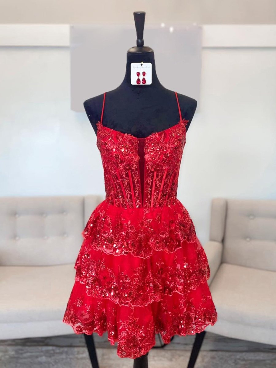 Yarael | Red - Spaghetti Straps A-Line Tulle Ruffle Tiered Homecoming Dresses With Appliques
