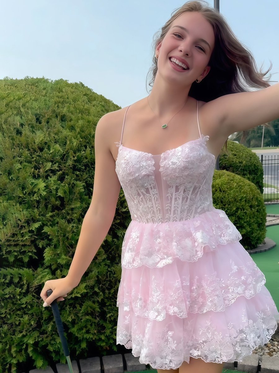 Yarael | Pink - Spaghetti Straps A-Line Tulle Ruffle Tiered Homecoming Dresses With Appliques