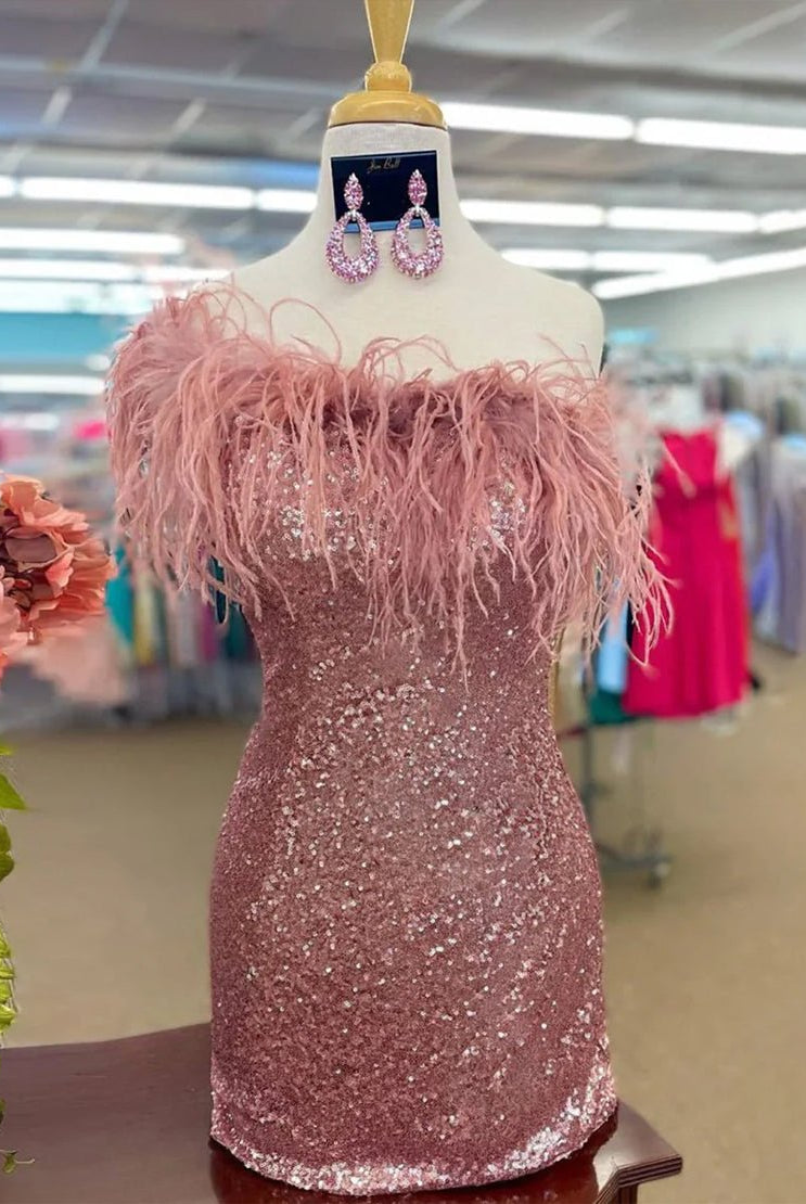 Yarah |Sheath One Shoulder Blue Sequins Homecoming Dress with Feather