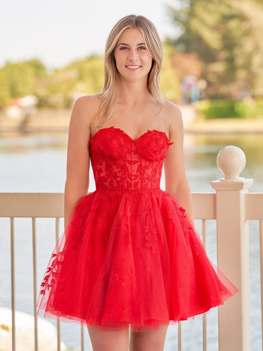 Yasmin | A - line Red Sweetheart Appliques Lace Homecoming Dress With Corset Back - KissProm