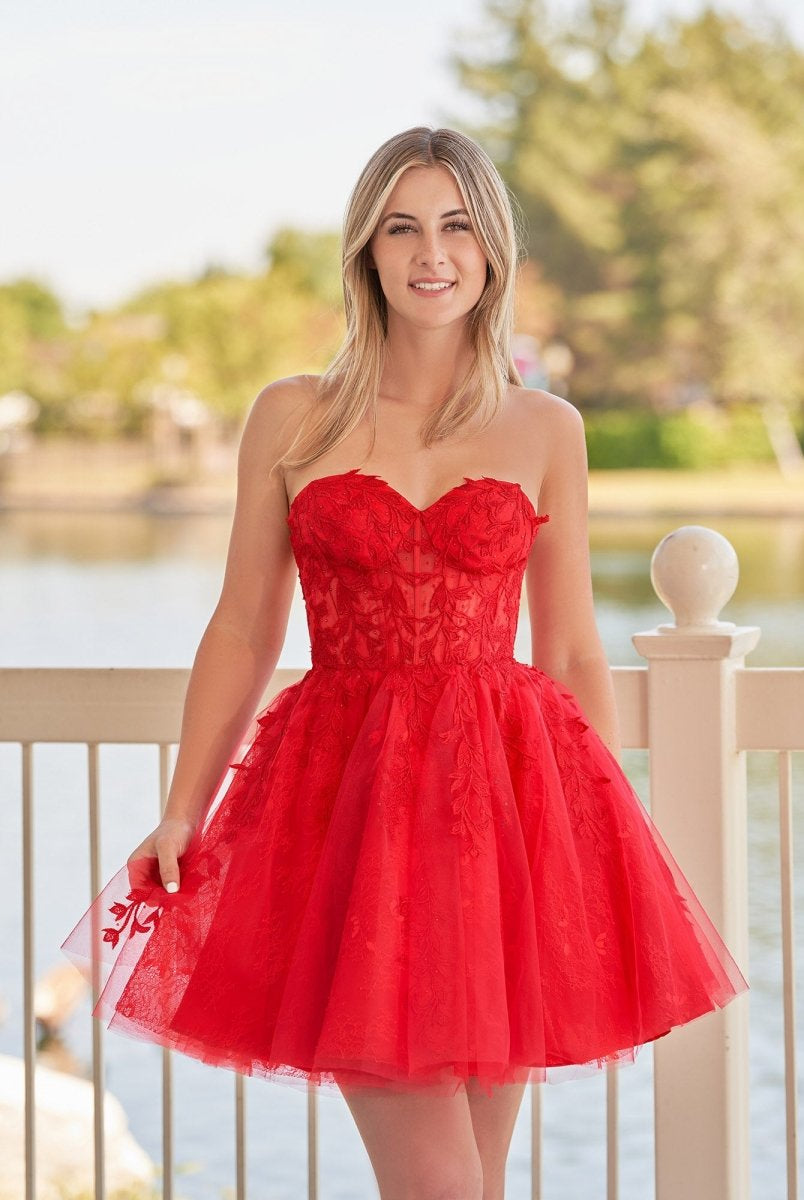 Yasmin | A - line Red Sweetheart Appliques Lace Homecoming Dress With Corset Back - KissProm