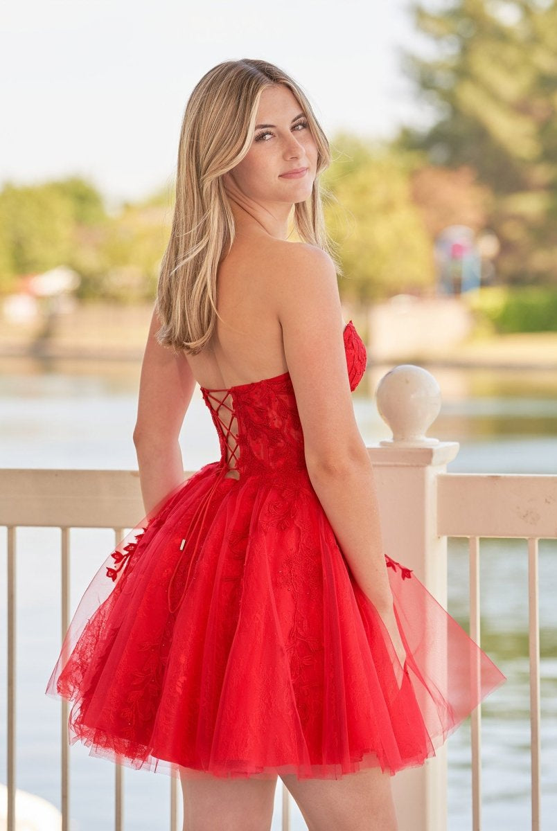 Yasmin | A - line Red Sweetheart Appliques Lace Homecoming Dress With Corset Back - KissProm