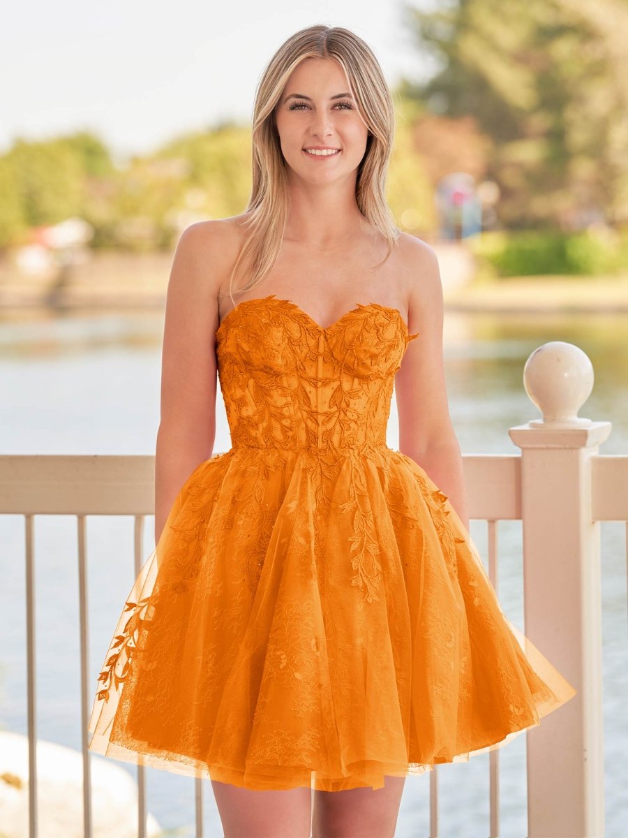 Yasmin | A - line Red Sweetheart Appliques Lace Homecoming Dress With Corset Back - KissProm