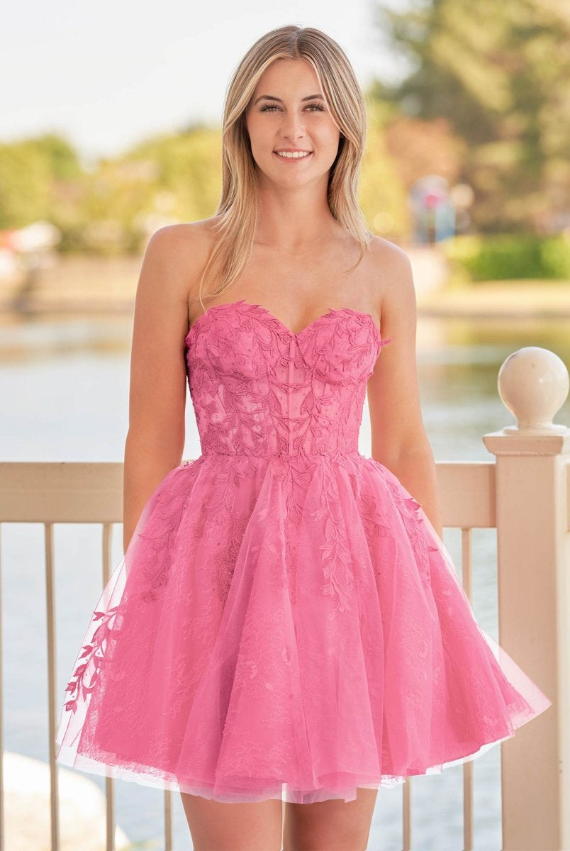 Yasmin | A - line Red Sweetheart Appliques Lace Homecoming Dress With Corset Back - KissProm