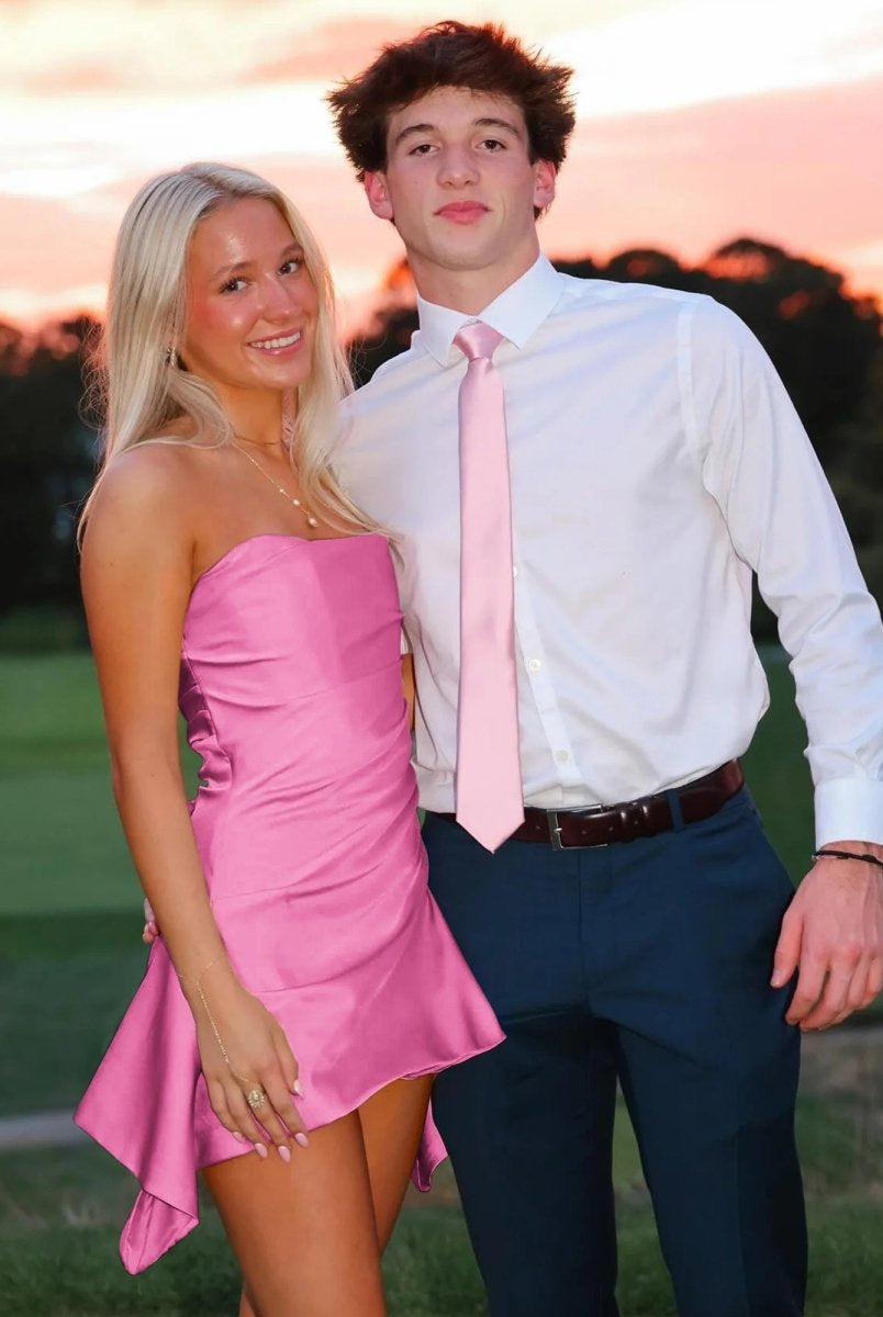 Yavanna | Hot Pink - Strapless Sheath Irregular Hem Satin Short Homecoming Dress