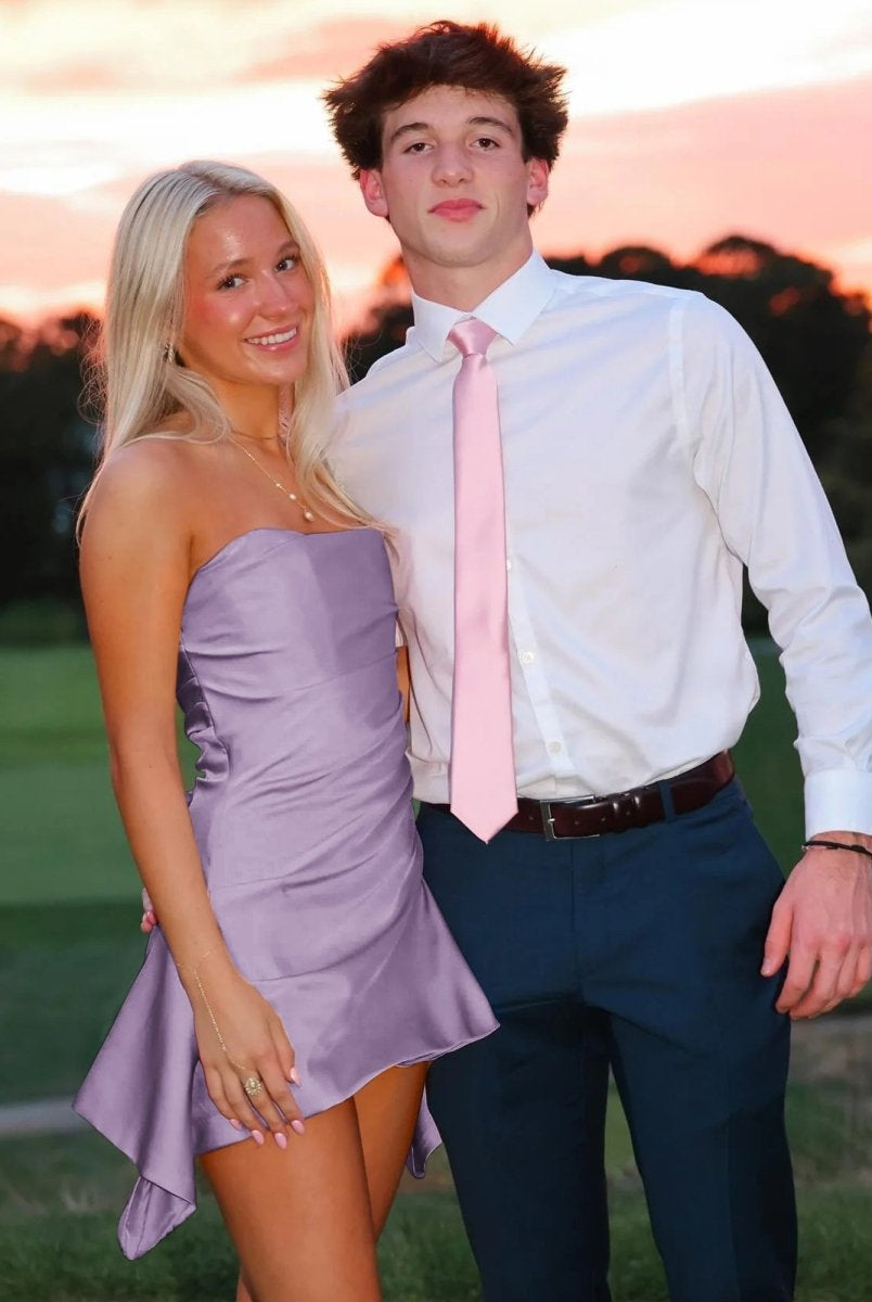 Yavanna | Lilac - Strapless Sheath Irregular Hem Satin Short Homecoming Dress