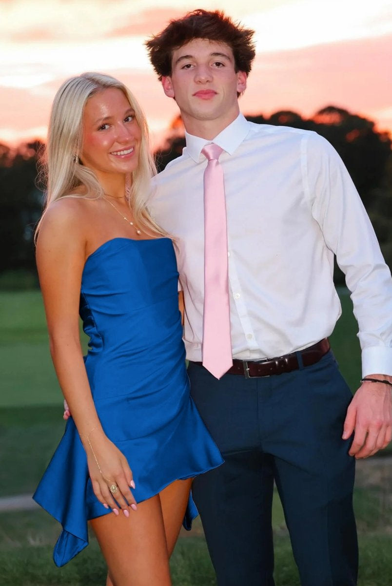 Yavanna | Royal Blue - Strapless Sheath Irregular Hem Satin Short Homecoming Dress