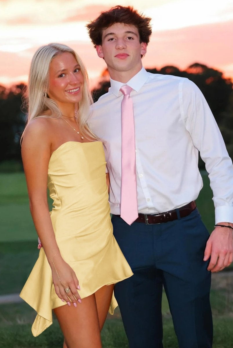 Yavanna | Yellow - Strapless Sheath Irregular Hem Satin Short Homecoming Dress