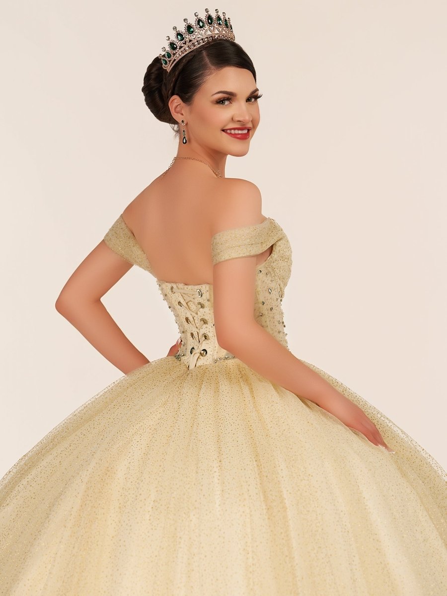 Yellow Ball Gown Tulle Off - the - Shoulder Quincenara Dresses - KissProm