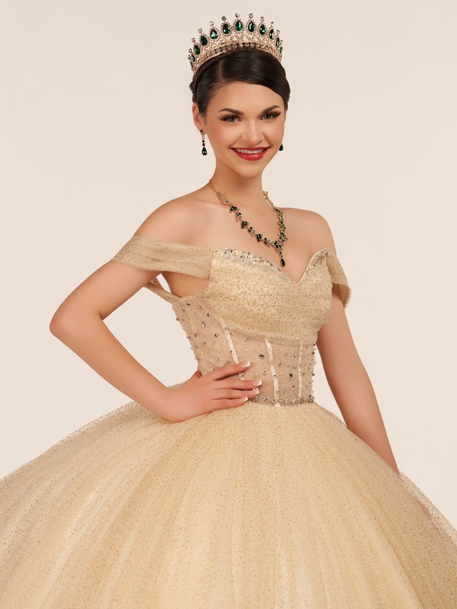 Yellow Ball Gown Tulle Off - the - Shoulder Quincenara Dresses - KissProm