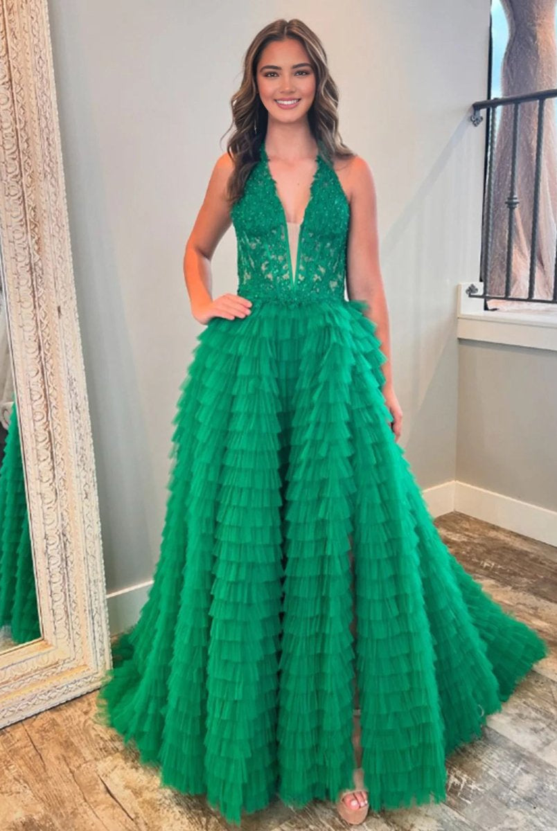 Yellow Plunge V Ruffle Tiered Long Prom Dress with Slit - KissProm