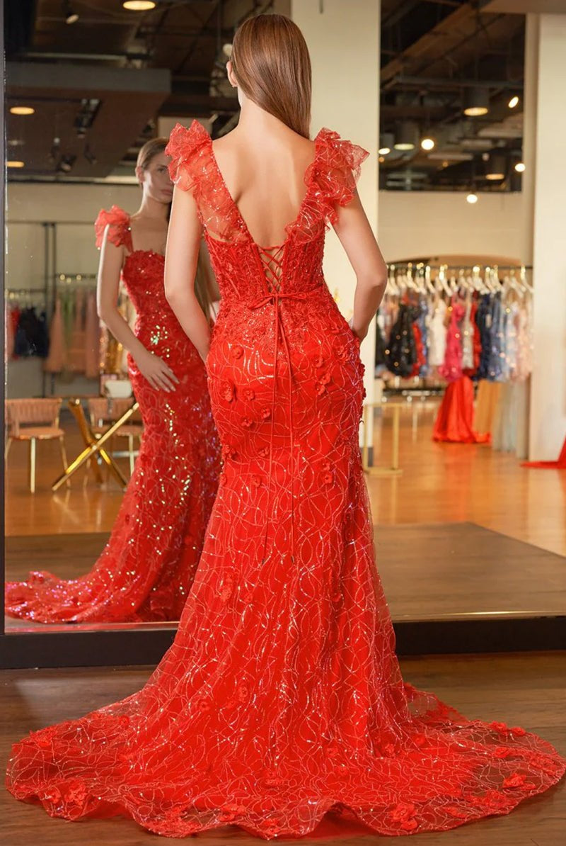 Mckinley | Yellow Ruffle Straps 3D Flower Mermaid Long Prom Dress