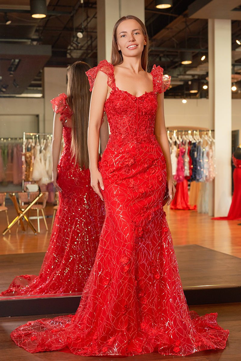 Mckinley | Yellow Ruffle Straps 3D Flower Mermaid Long Prom Dress