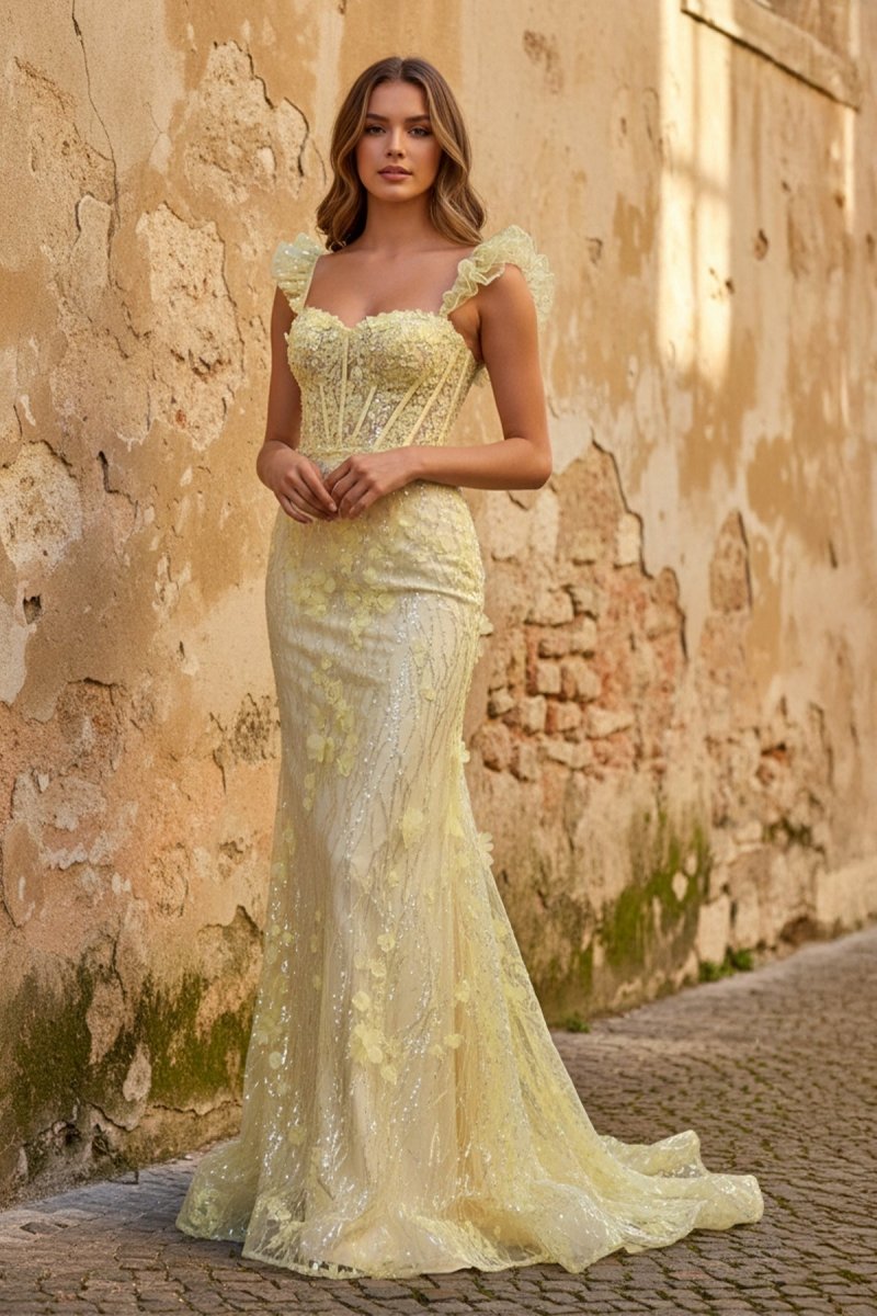 Yellow Ruffle Straps 3D Flower Mermaid Long Prom Dress Yellow Ruffle Straps 3D Flower Mermaid Long Prom Dress