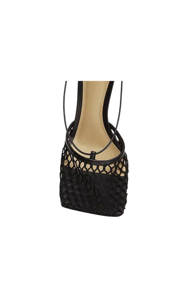 Yellow Stiletto Heel Lace Up Fishnet High Heel Sandals - KissProm