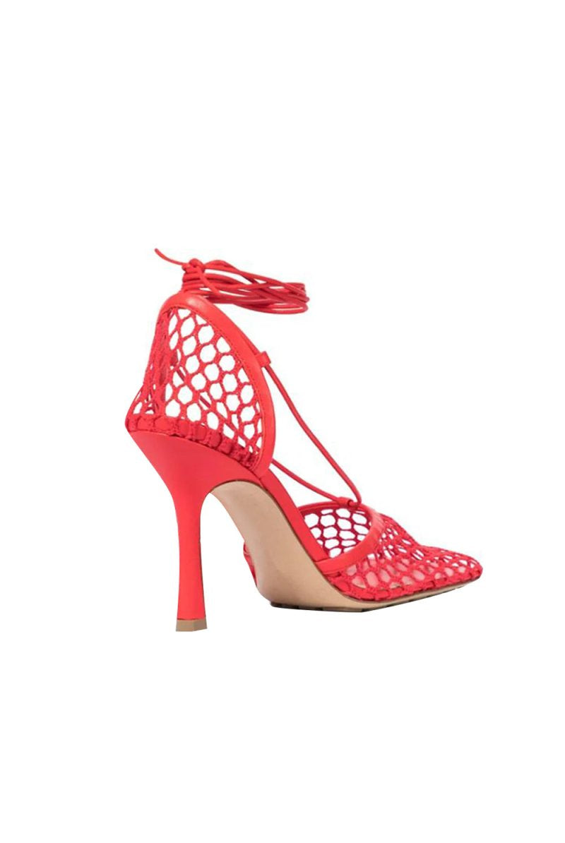 Yellow Stiletto Heel Lace Up Fishnet High Heel Sandals - KissProm