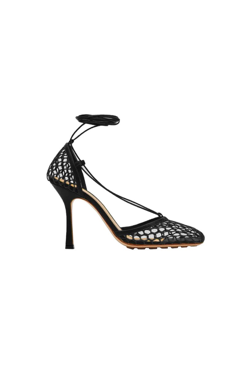 Yellow Stiletto Heel Lace Up Fishnet High Heel Sandals - KissProm