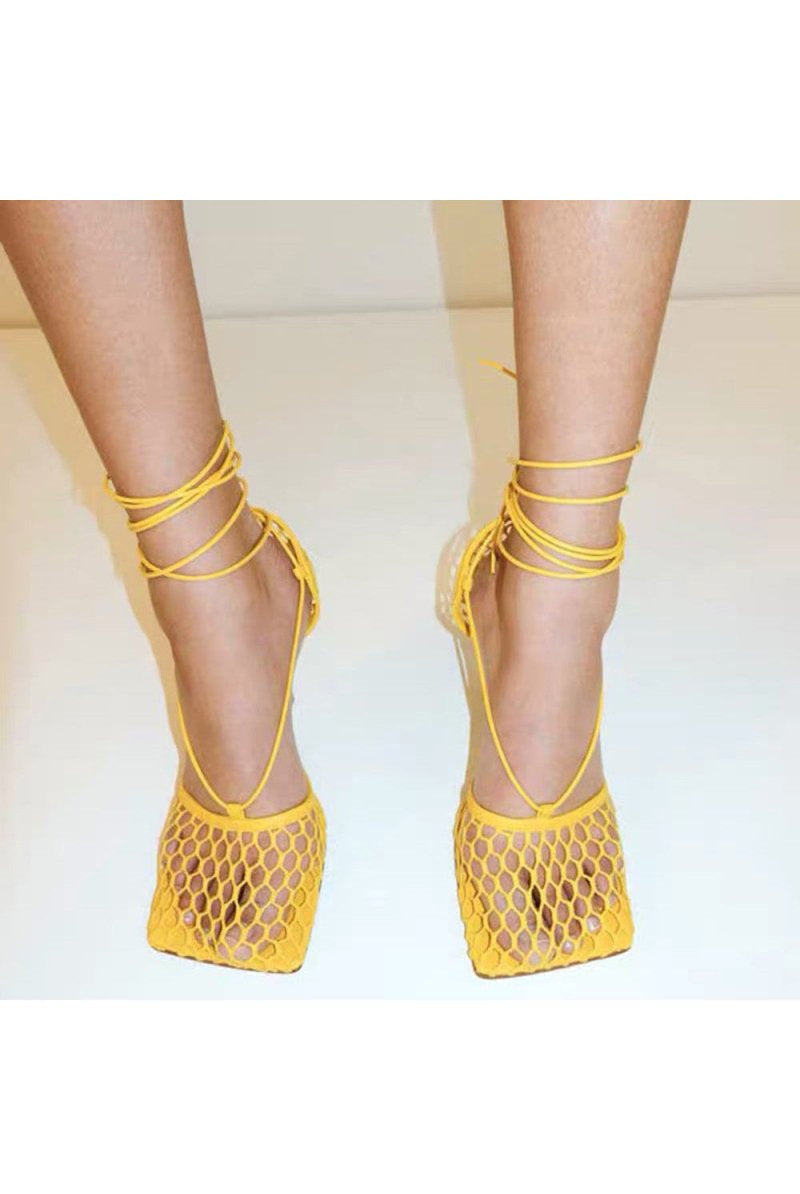 Yellow Stiletto Heel Lace Up Fishnet High Heel Sandals - KissProm