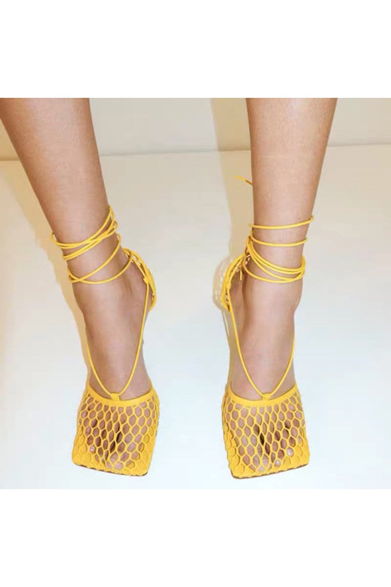 Yellow Stiletto Heel Lace Up Fishnet High Heel Sandals - KissProm