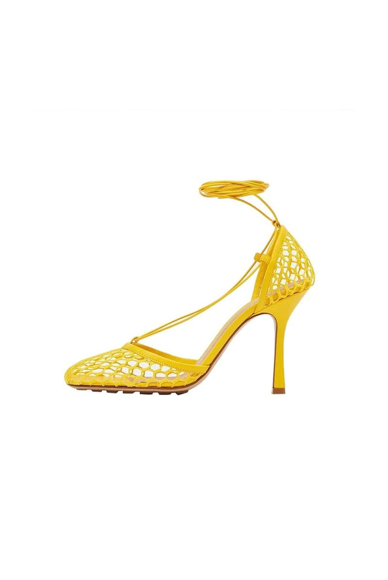 Yellow Stiletto Heel Lace Up Fishnet High Heel Sandals - KissProm