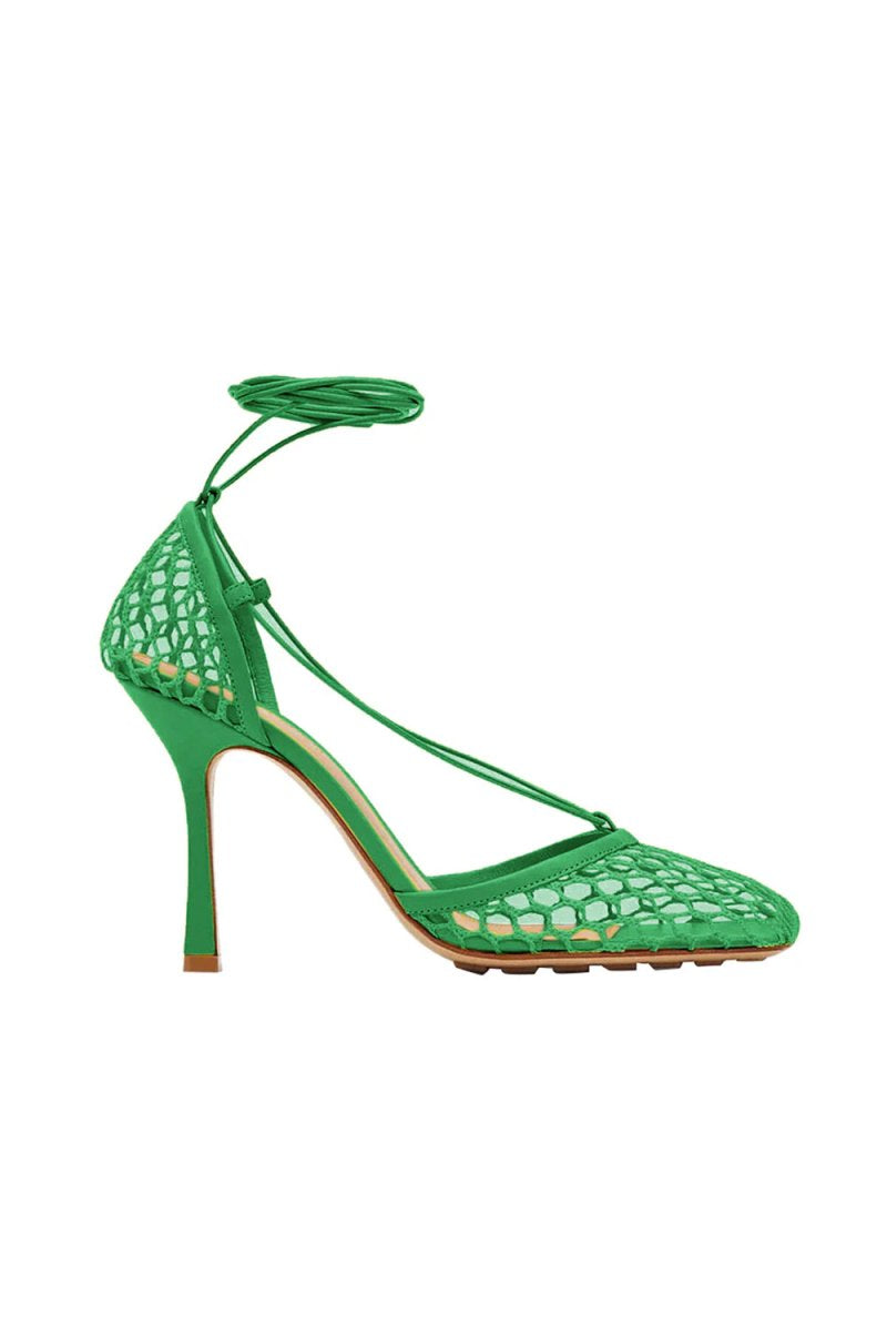 Yellow Stiletto Heel Lace Up Fishnet High Heel Sandals - KissProm