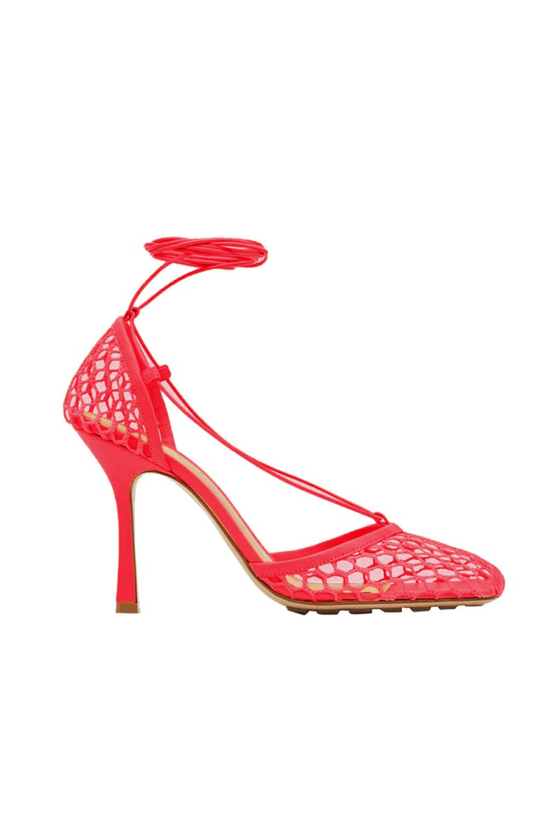 Yellow Stiletto Heel Lace Up Fishnet High Heel Sandals - KissProm