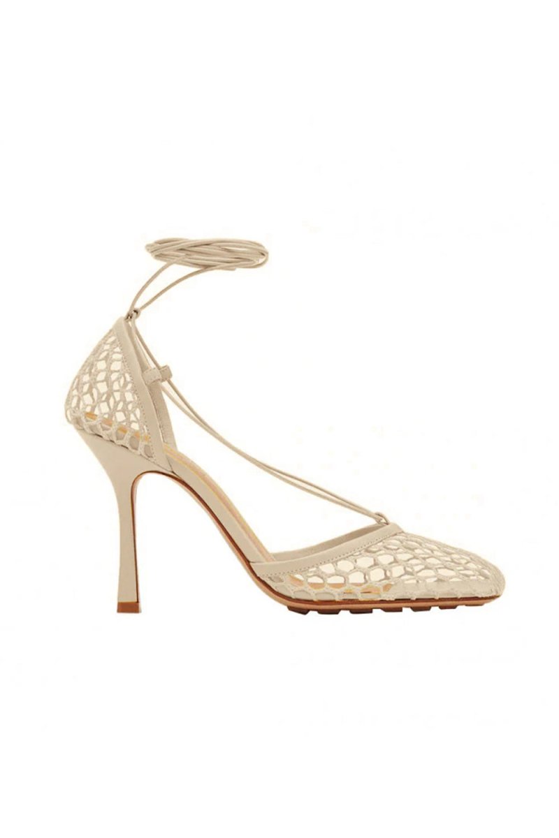 Yellow Stiletto Heel Lace Up Fishnet High Heel Sandals - KissProm