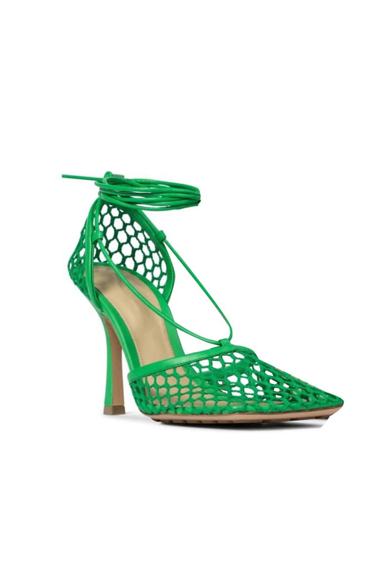 Yellow Stiletto Heel Lace Up Fishnet High Heel Sandals - KissProm