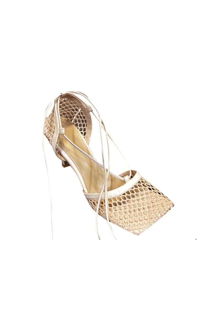 Yellow Stiletto Heel Lace Up Fishnet High Heel Sandals - KissProm