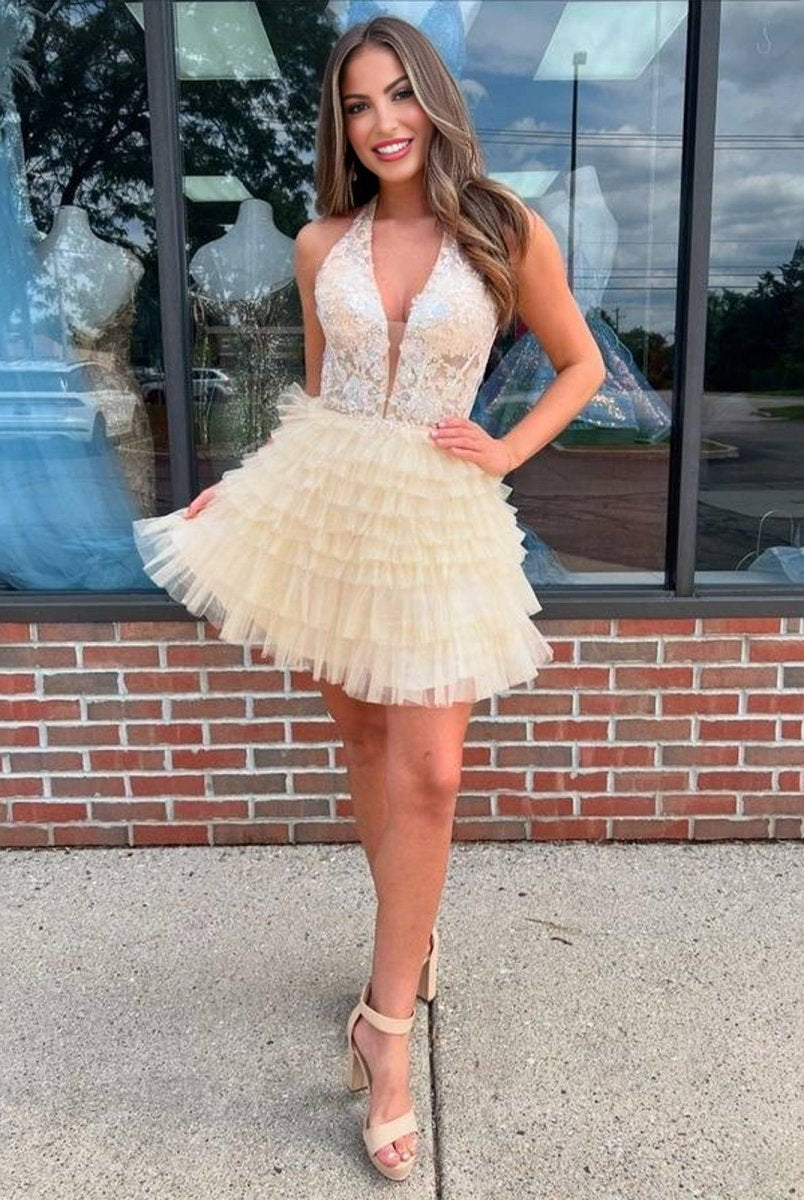 Yolanda | Champagne - A Line V Neck Tulle Tiered Homecoming Dresses With Appliques