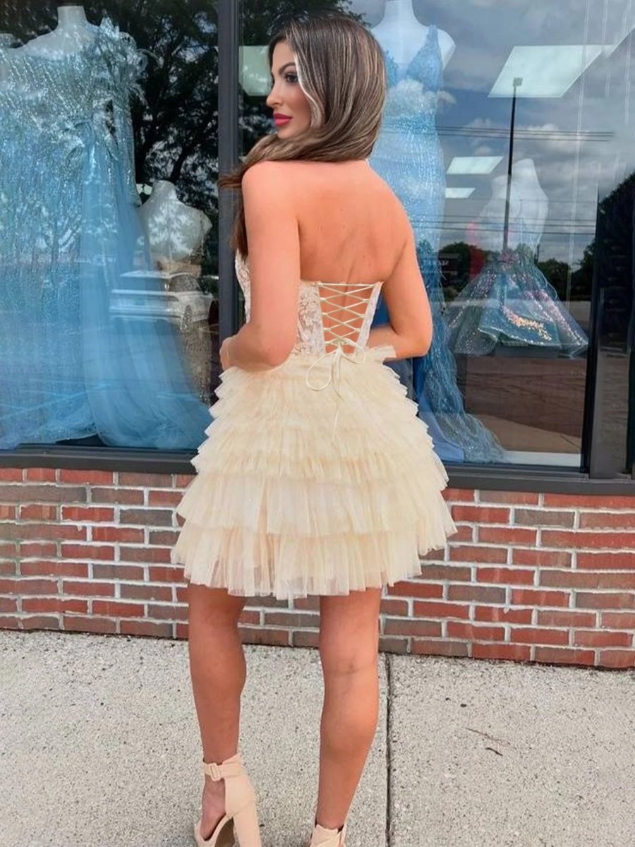 Yolanda | Champagne - A Line V Neck Tulle Tiered Homecoming Dresses With Appliques