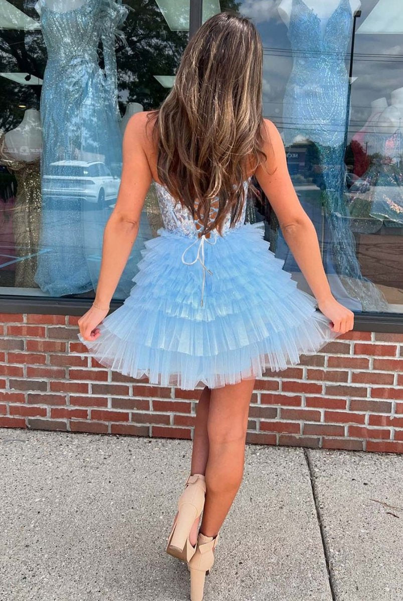 Yolanda | Sky Blue - A Line V Neck Tulle Tiered Homecoming Dresses With Appliques