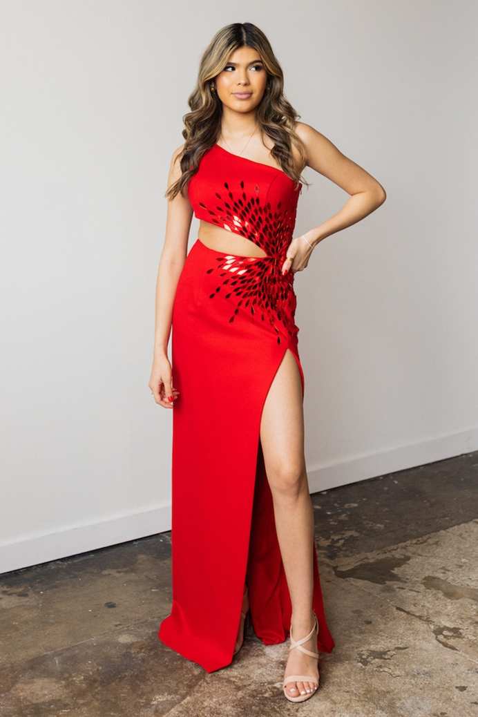 Yonderly | One Shoulder Royal Blue Cut Glass Mirror Long Prom Dress with Slit - KissProm