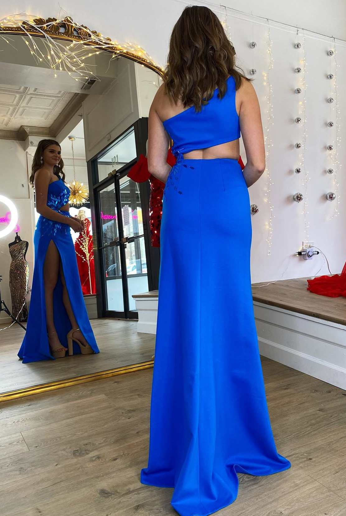 Yonderly | One Shoulder Royal Blue Cut Glass Mirror Long Prom Dress with Slit - KissProm