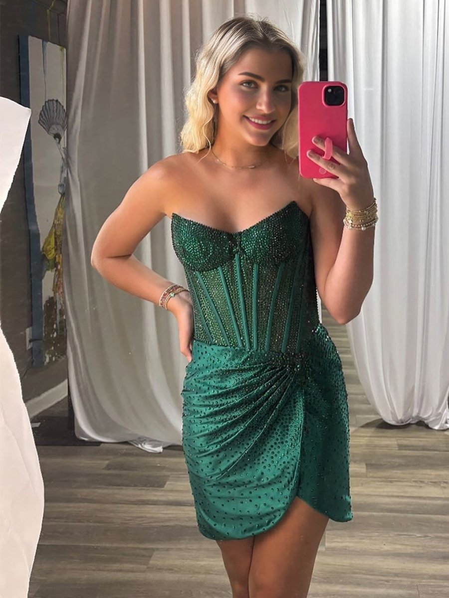 Yvaelia | Dark Green - Strapless Satin Bodycon Short Homecoming Dresses With Beading