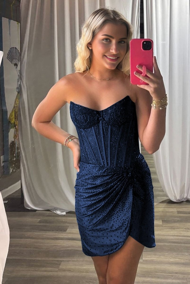 Yvaelia | Navy Blue - Strapless Satin Bodycon Short Homecoming Dresses With Beading