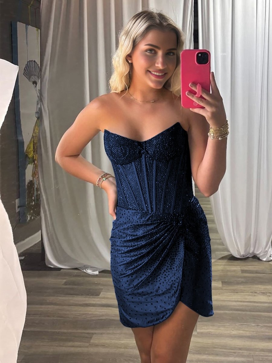Yvaelia | Navy Blue - Strapless Satin Bodycon Short Homecoming Dresses With Beading