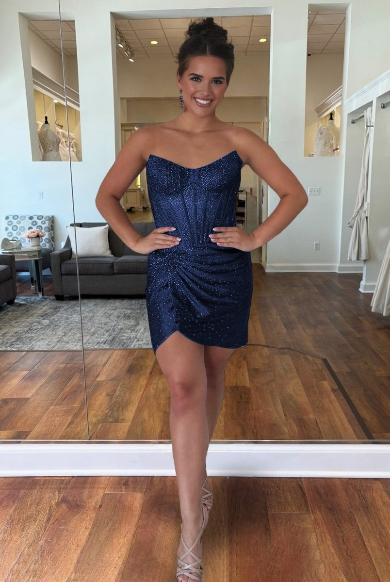 Yvaelia | Navy Blue - Strapless Satin Bodycon Short Homecoming Dresses With Beading