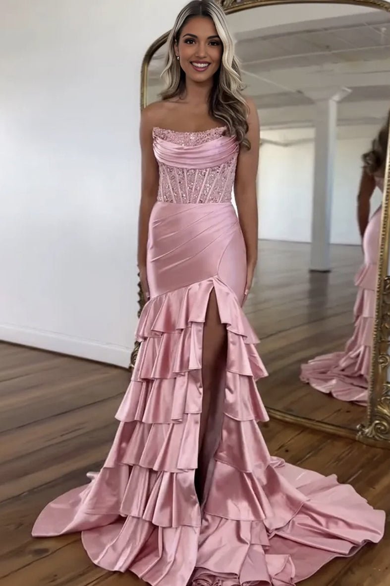 Yvonne | Charming Mermaid Strapless Pink Satin Long Prom Dresses with Appliques