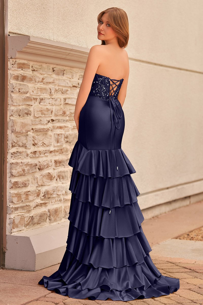 Yvonne | Charming Mermaid Strapless Pink Satin Long Prom Dresses with Appliques - KissProm