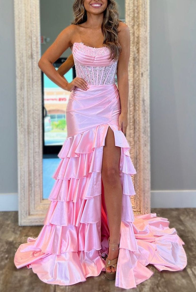 Yvonne | Charming Mermaid Strapless Pink Satin Long Prom Dresses with Appliques