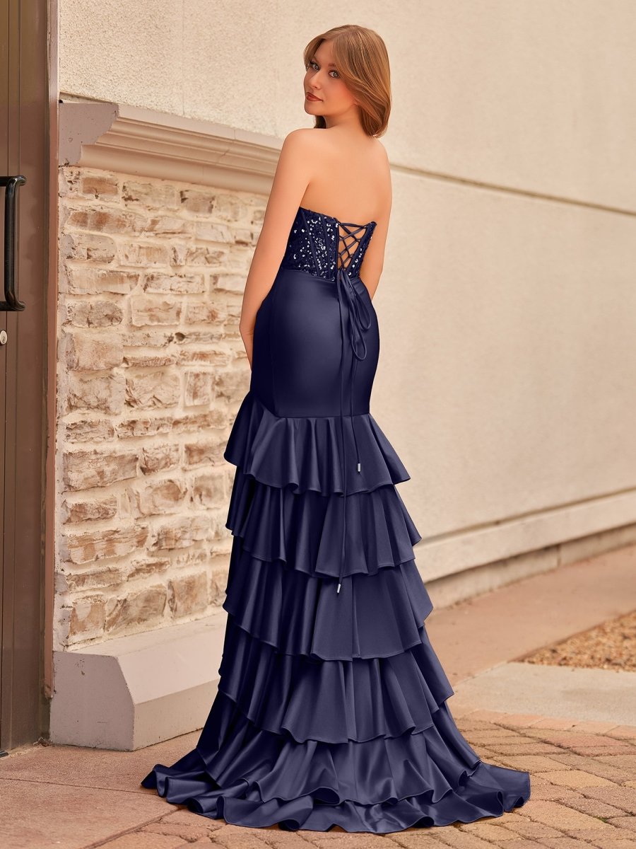 Yvonne | Charming Mermaid Strapless Pink Satin Long Prom Dresses with Appliques