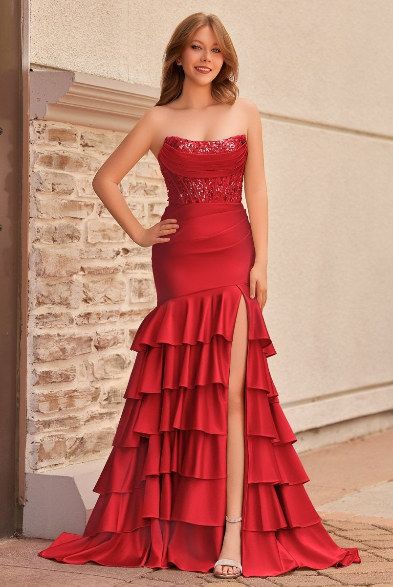 Yvonne | Charming Mermaid Strapless Pink Satin Long Prom Dresses with Appliques