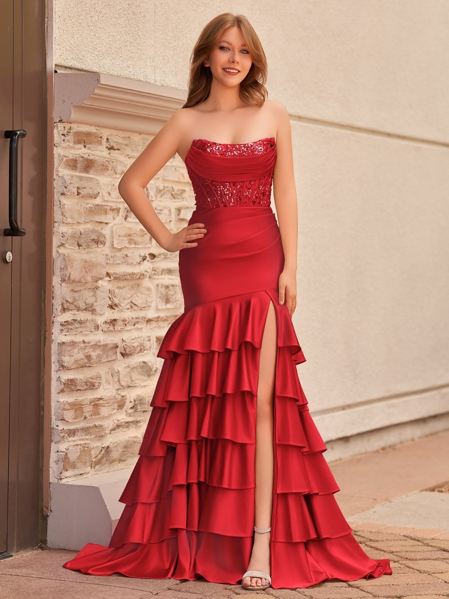 Yvonne | Charming Mermaid Strapless Pink Satin Long Prom Dresses with Appliques
